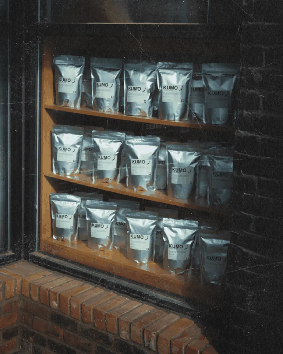 Shelf of KUMO matcha bags