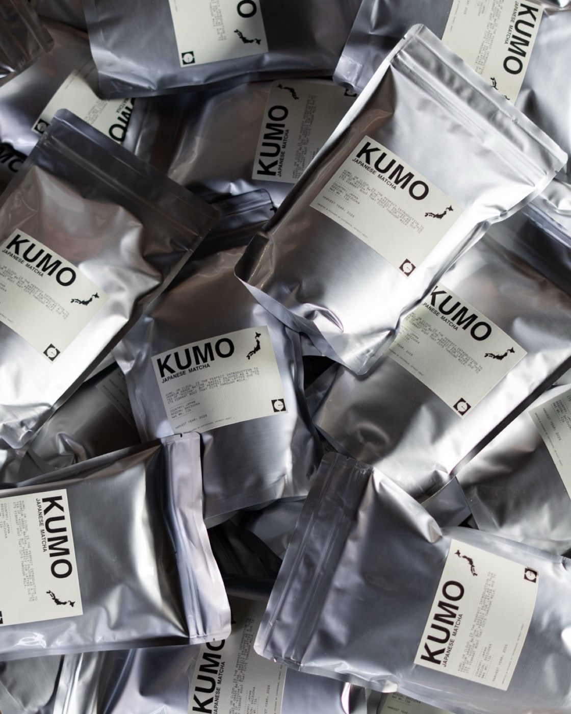 Kumo Japanese Matcha bags stacked in silver pouches