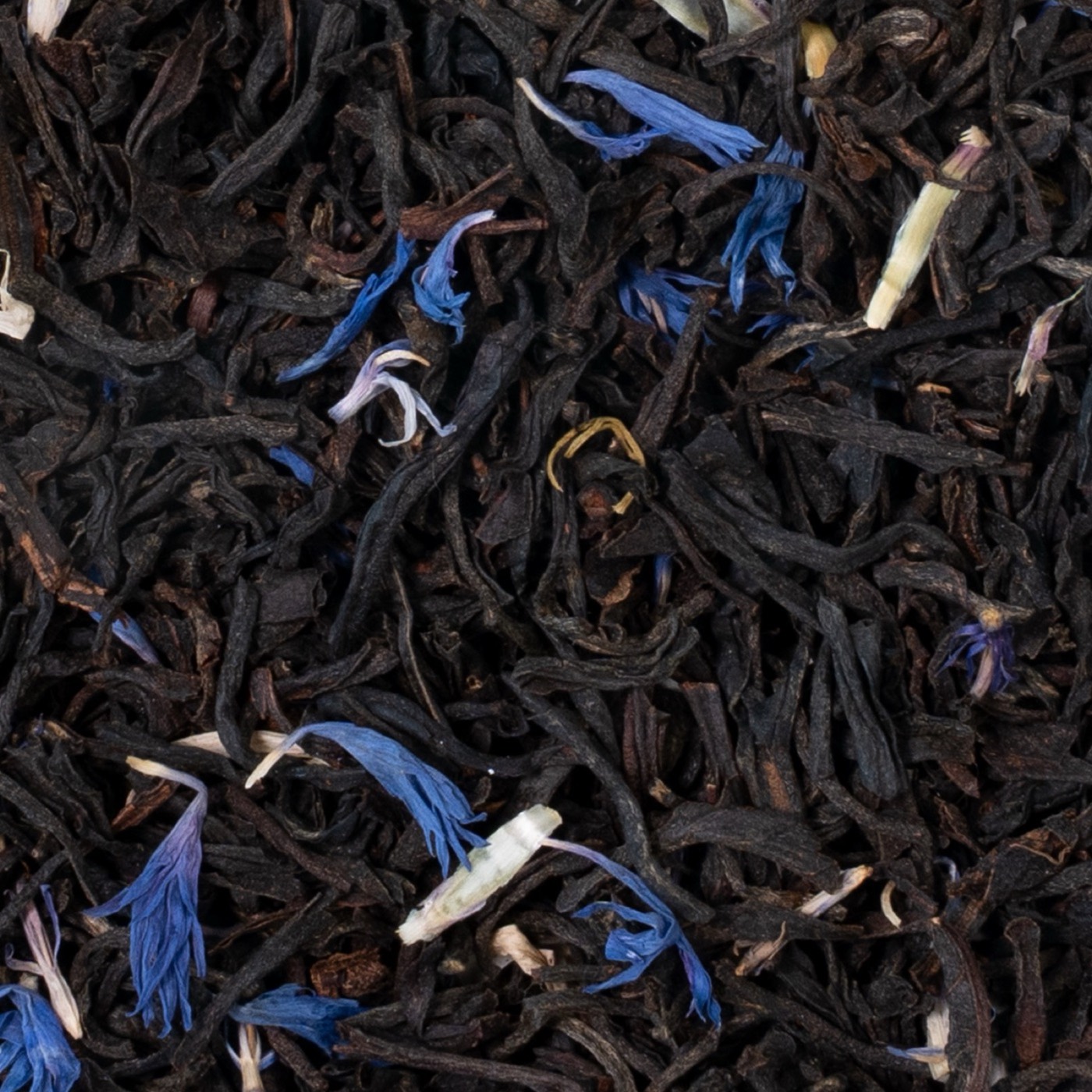 Loose-leaf black tea blend with cornflower petals